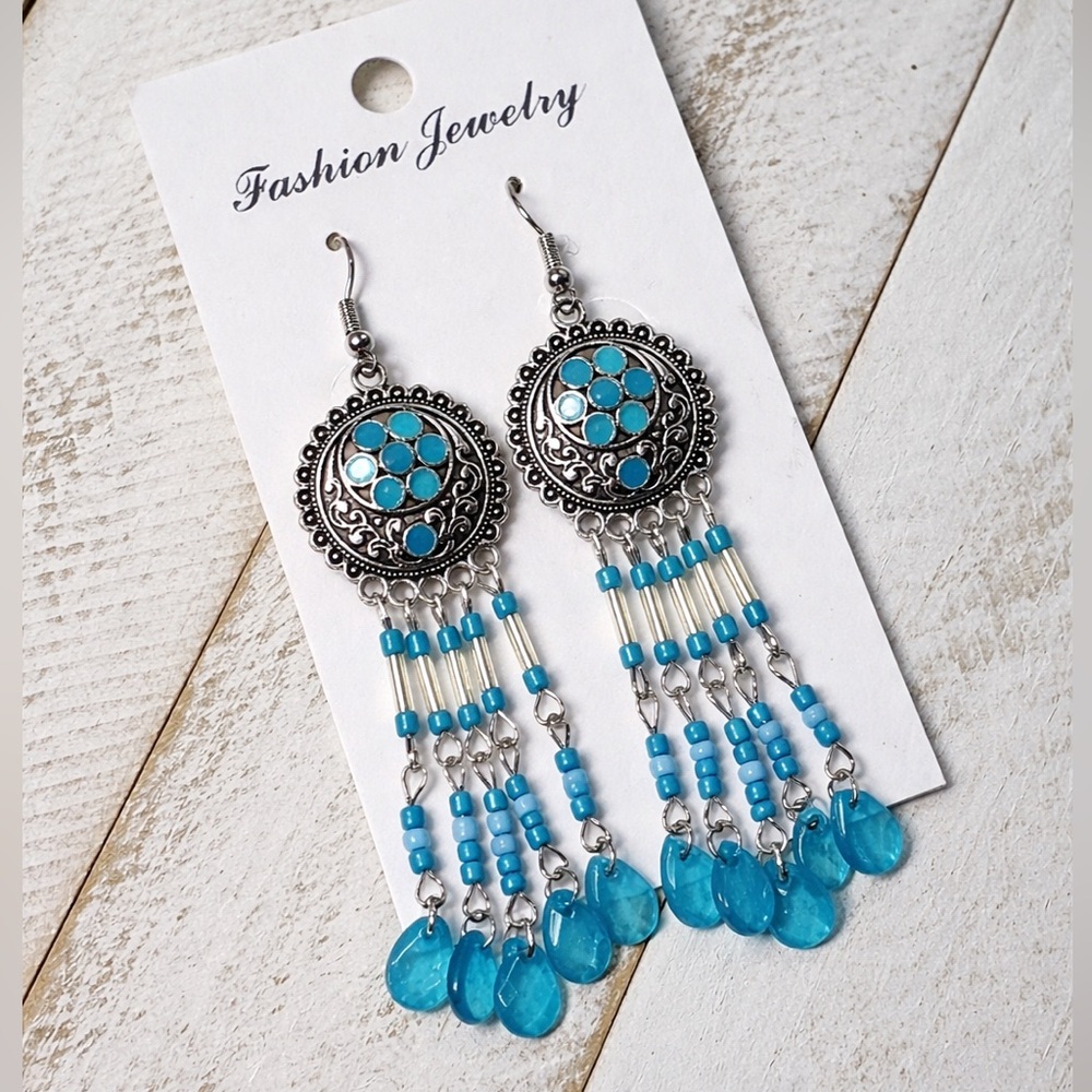 Blue Beaded Boho Dangle Earrings – Statement Fringe Style